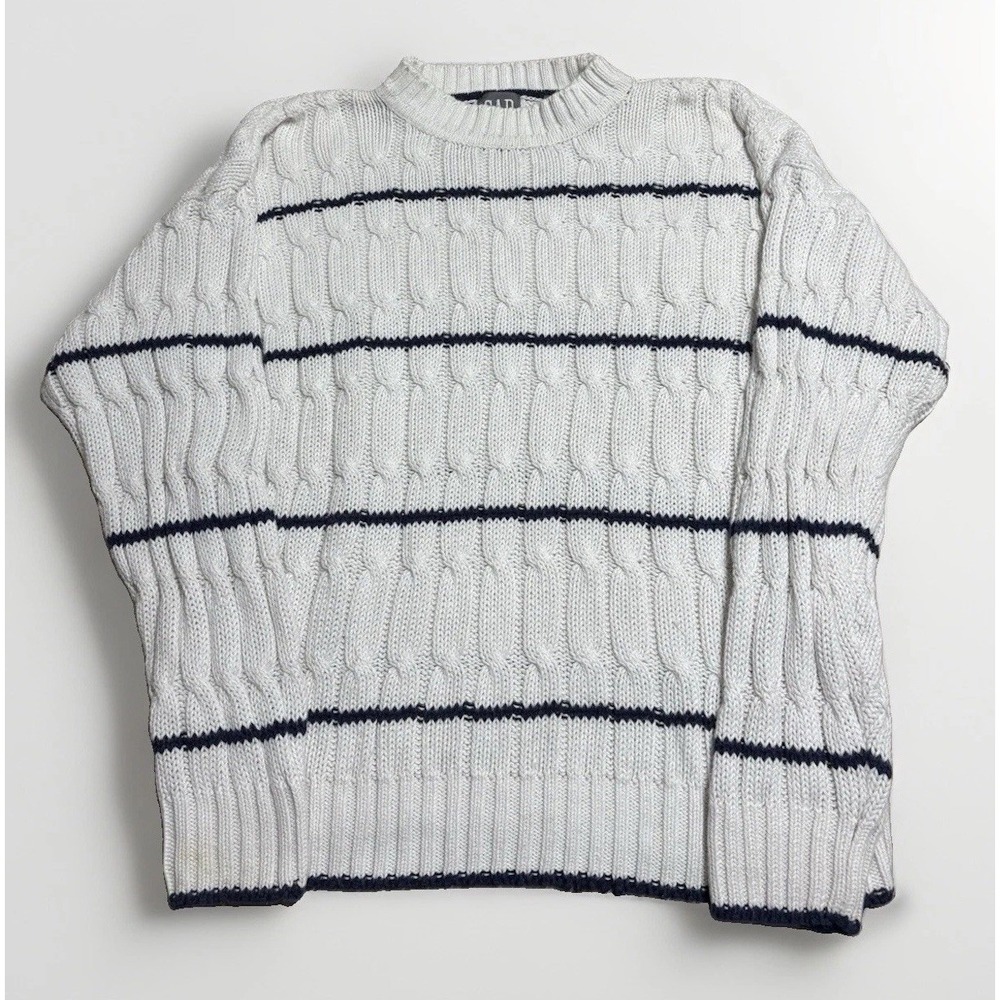 Vintage GAP Cable Knit Fisherman Sweater Men's Medium Oversize White Blue Stripe